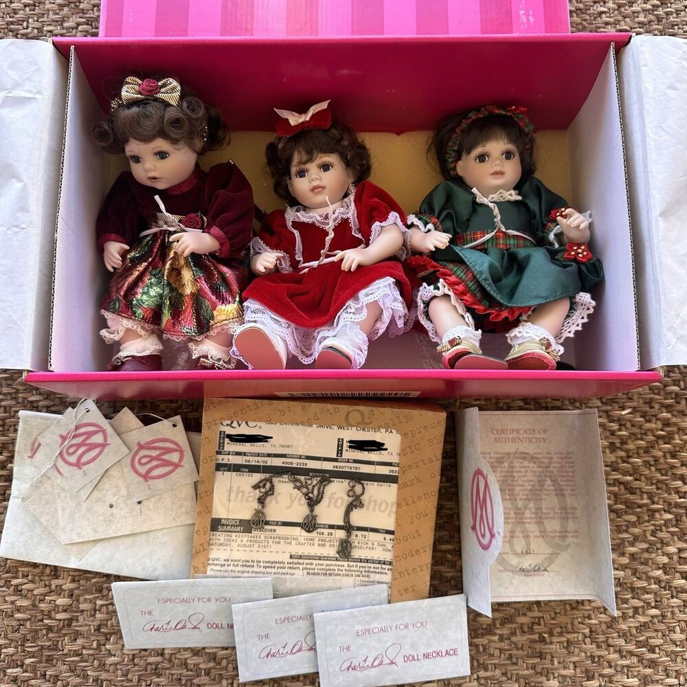 Marie Osmond Tiny Tot Trio Porcelain Dolls 3 Necklaces Set QVC COA Complete Box